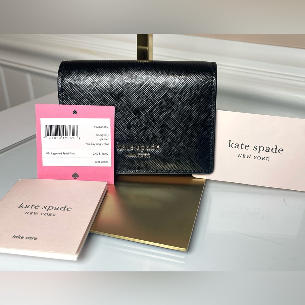 Kate Spade New York Spencer Business Cardholder in black saffiano leather.